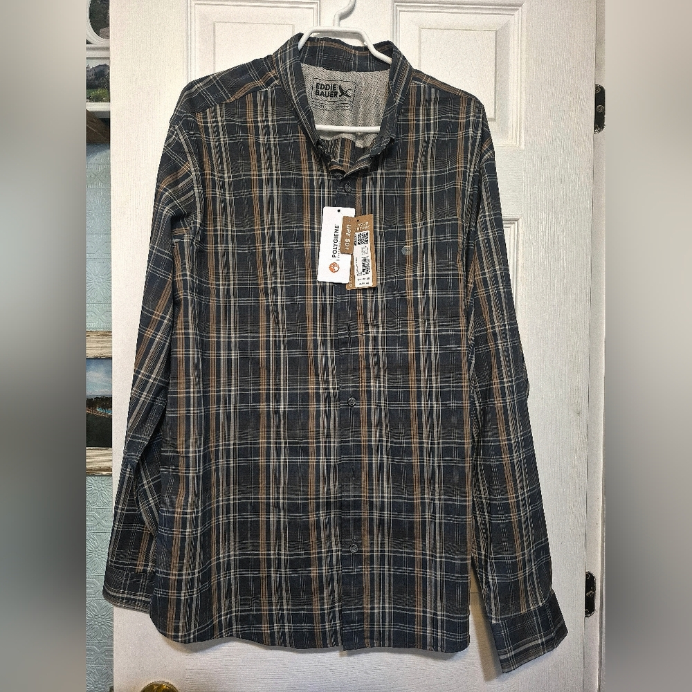 NWT Eddie Bauer Mens 2XL long sleeve plaid shirt. Polygiene Stay Fresh.
